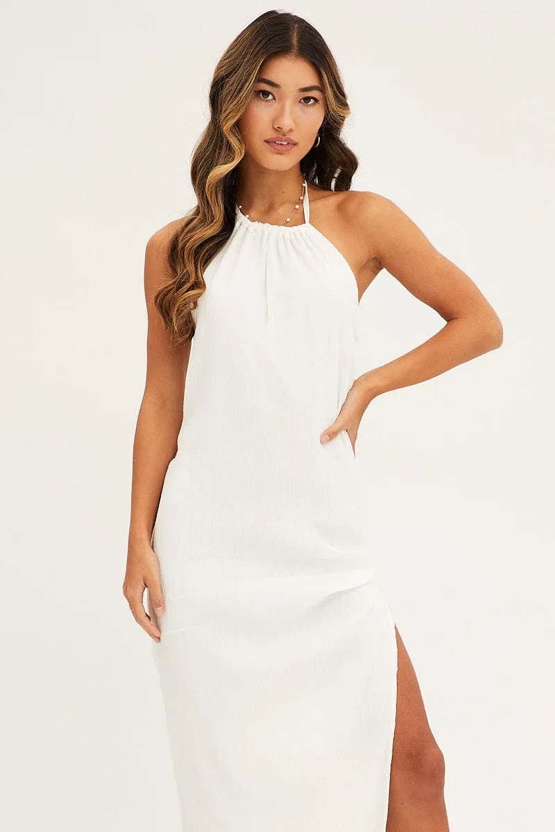 Fold Glow White Textured Halter Dress Backless