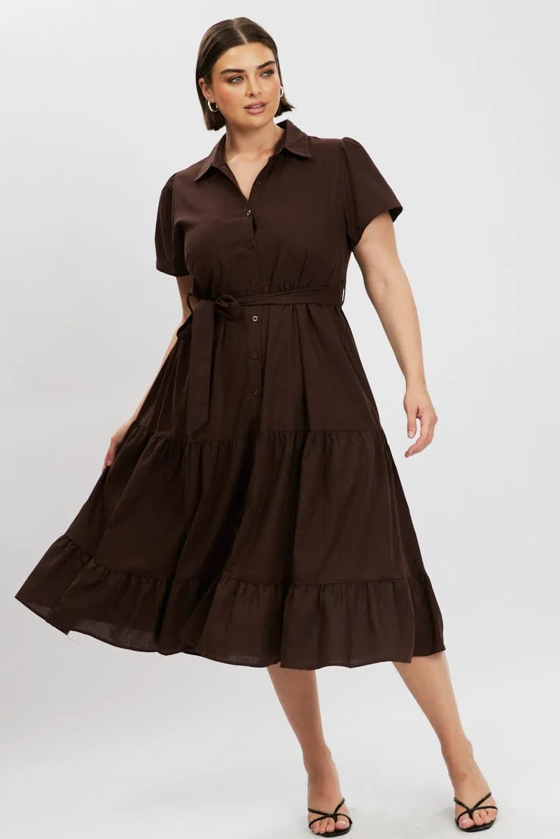 Brown Midi Dress Short Sleeve Shirt Fashionable Piece
