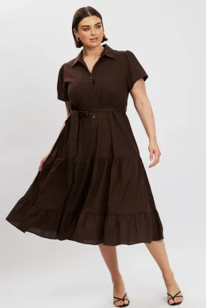 Brown Midi Dress Short Sleeve Shirt Fashionable Piece