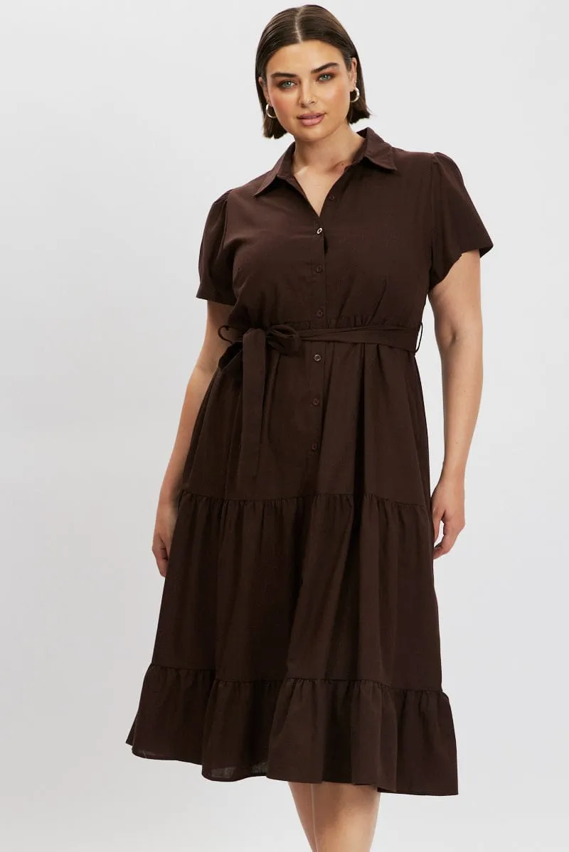 Style Versatile Brown Midi Dress Short Sleeve Shirt