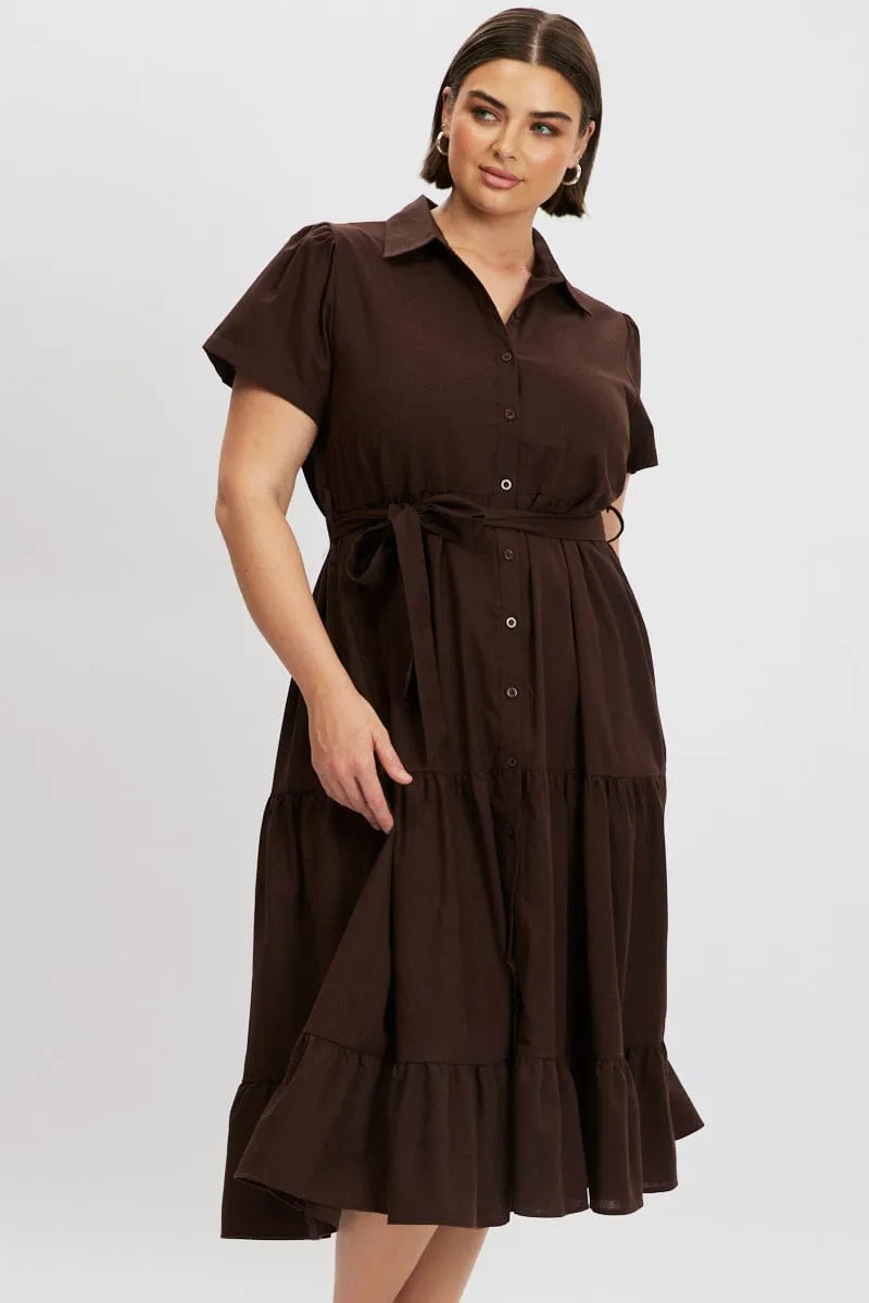 Brown Midi Dress Short Sleeve Shirt Trendy Pieces