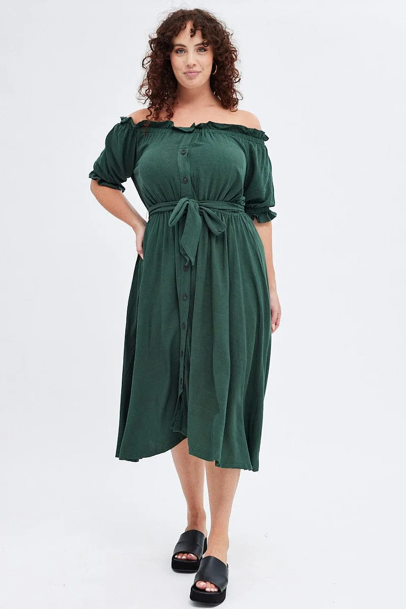 Easy Style Green Short Sleeve Linen Button Midi Dress