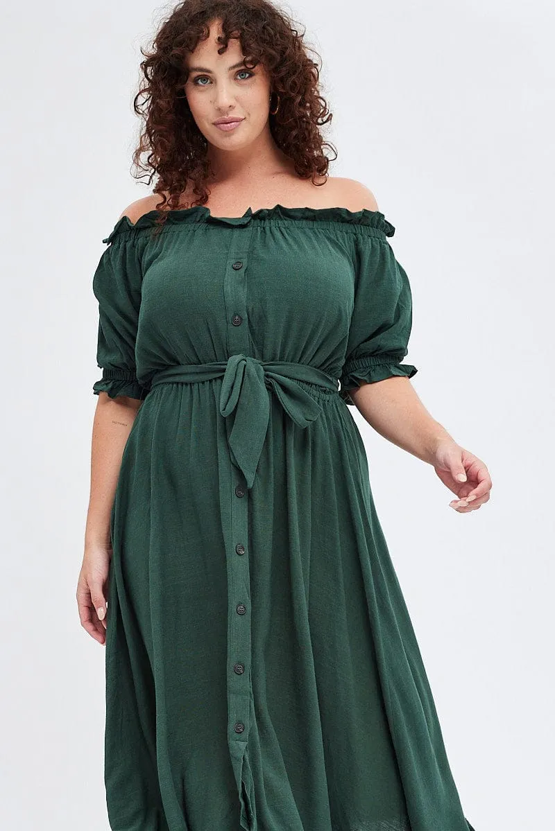 Bazaar Lane Green Short Sleeve Linen Button Midi Dress