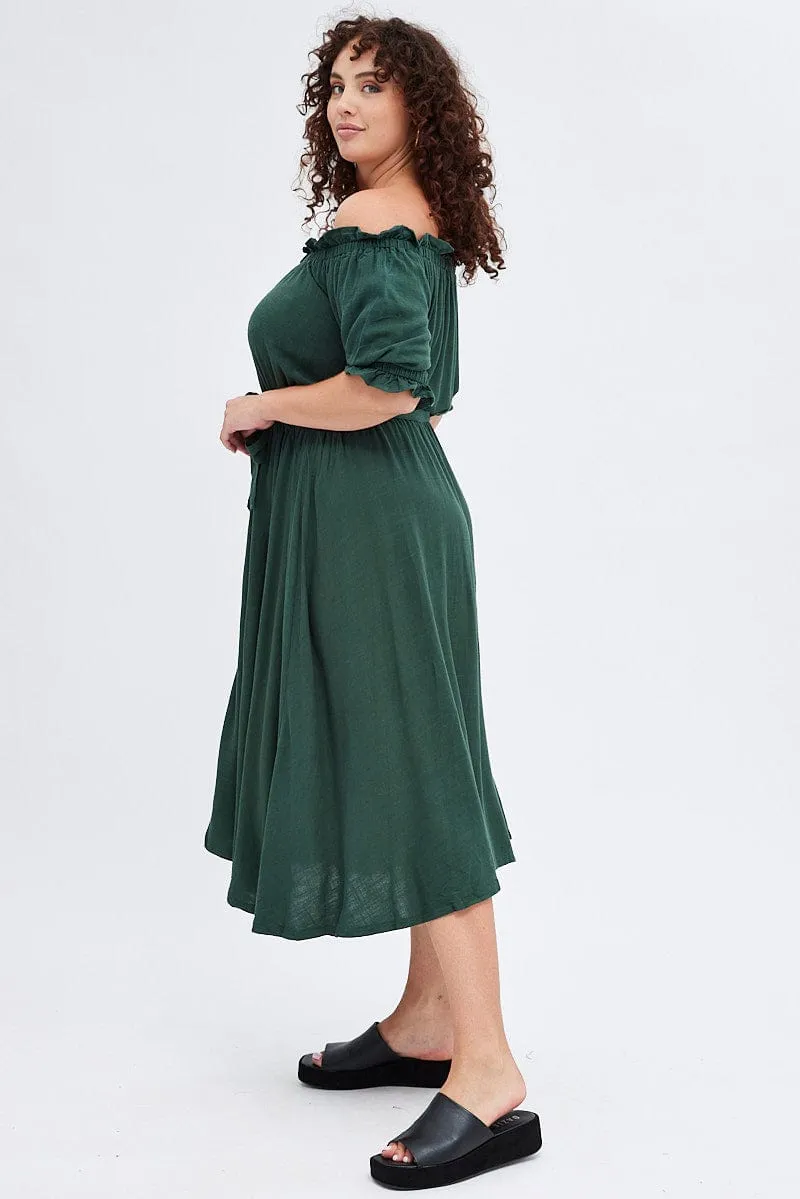 Green Short Sleeve Linen Button Midi Dress Elegant Appearance