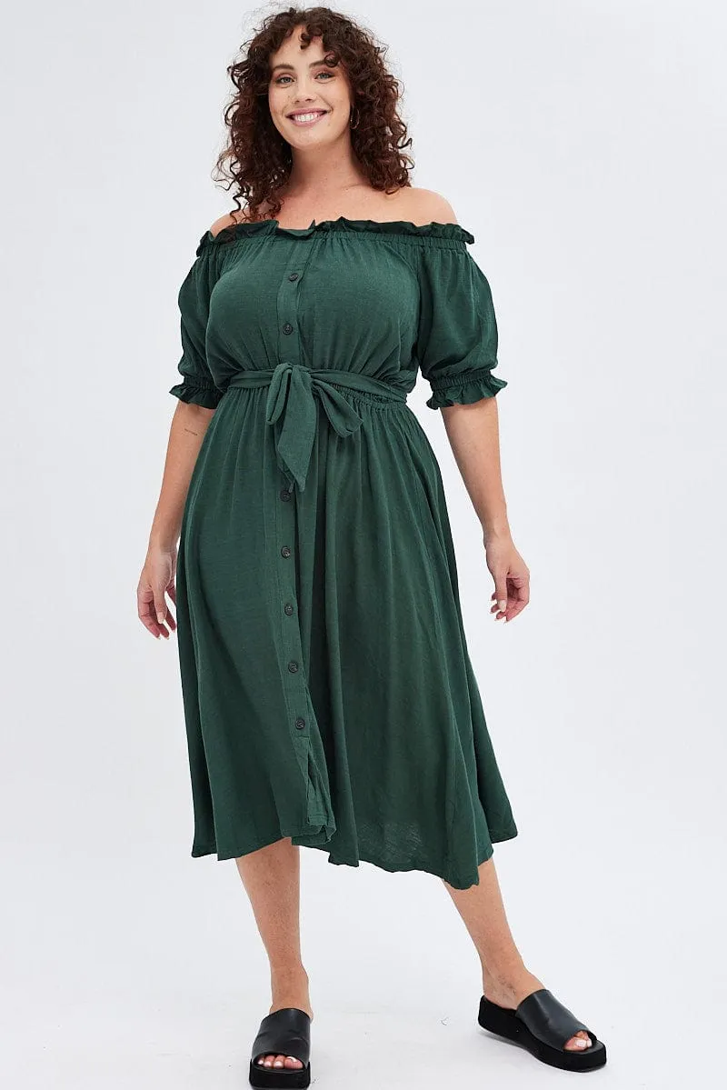 Green Short Sleeve Linen Button Midi Dress Timeless Design