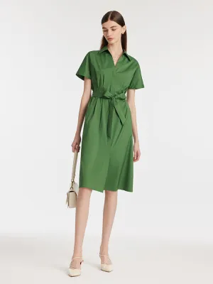 Relaxed-fit mid-length dress Cotton Soft Lapel V-Neck Women Midi Shirt Dress With Belt