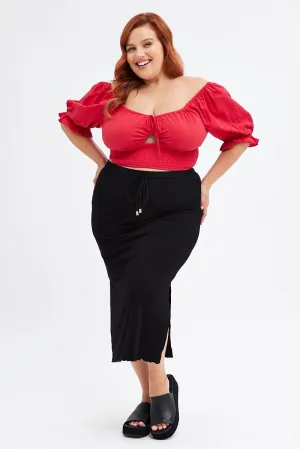 Laidback Mood high contrast Black High Waist Side Slit Midi Jersey Skirt