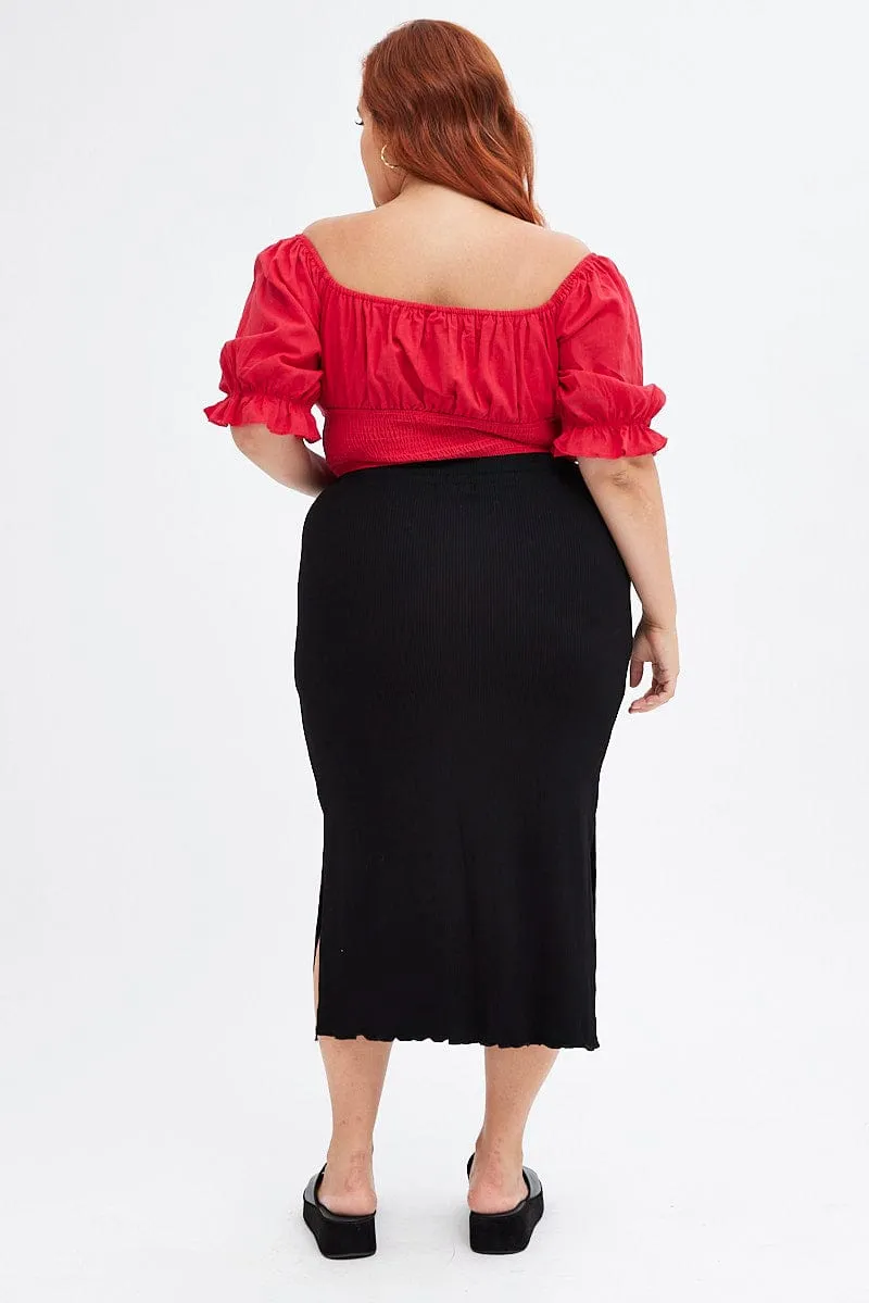 Black High Waist Side Slit Midi Jersey Skirt Adjustable Waistband Polished Fit