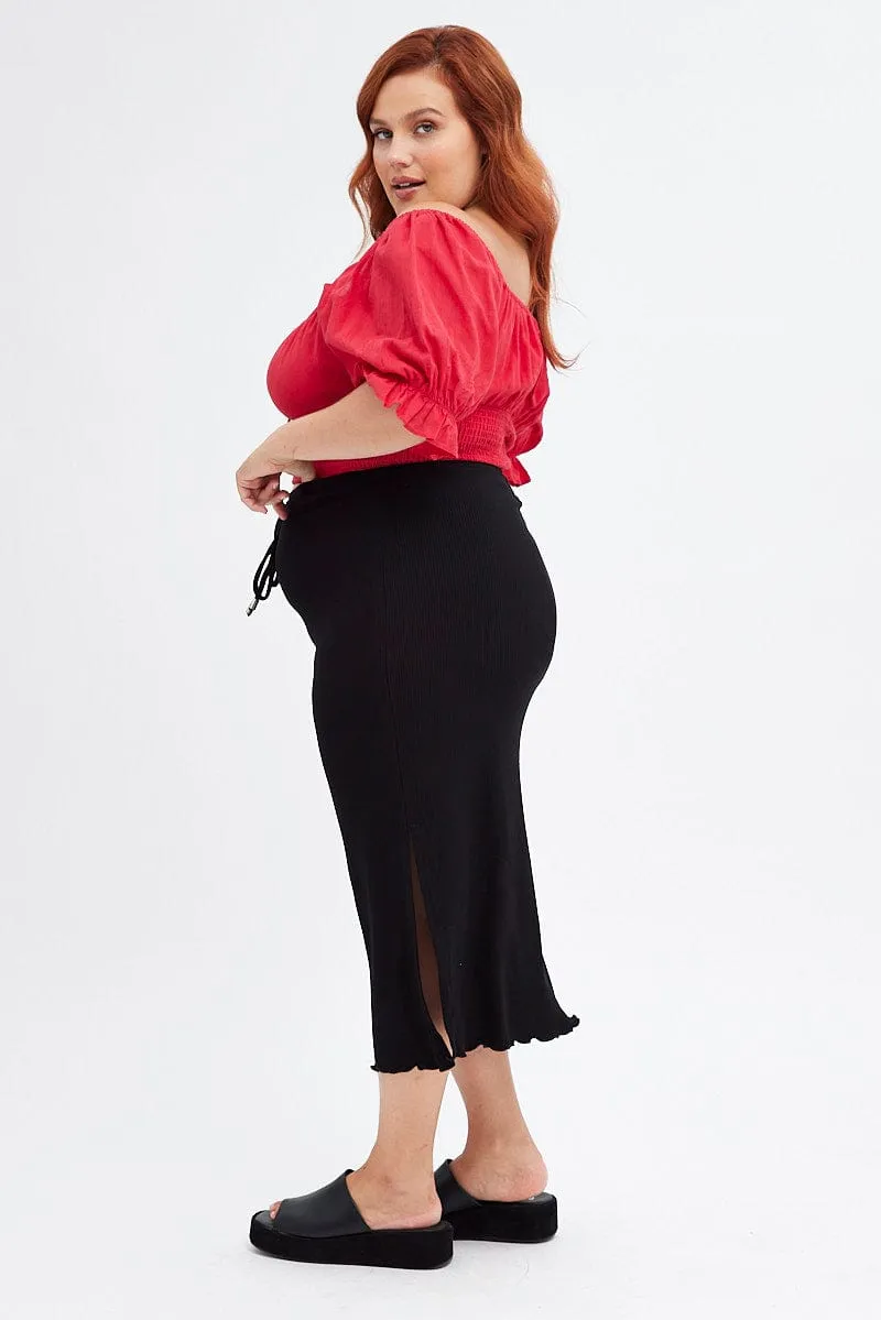 Black High Waist Side Slit Midi Jersey Skirt Lightwear Look
