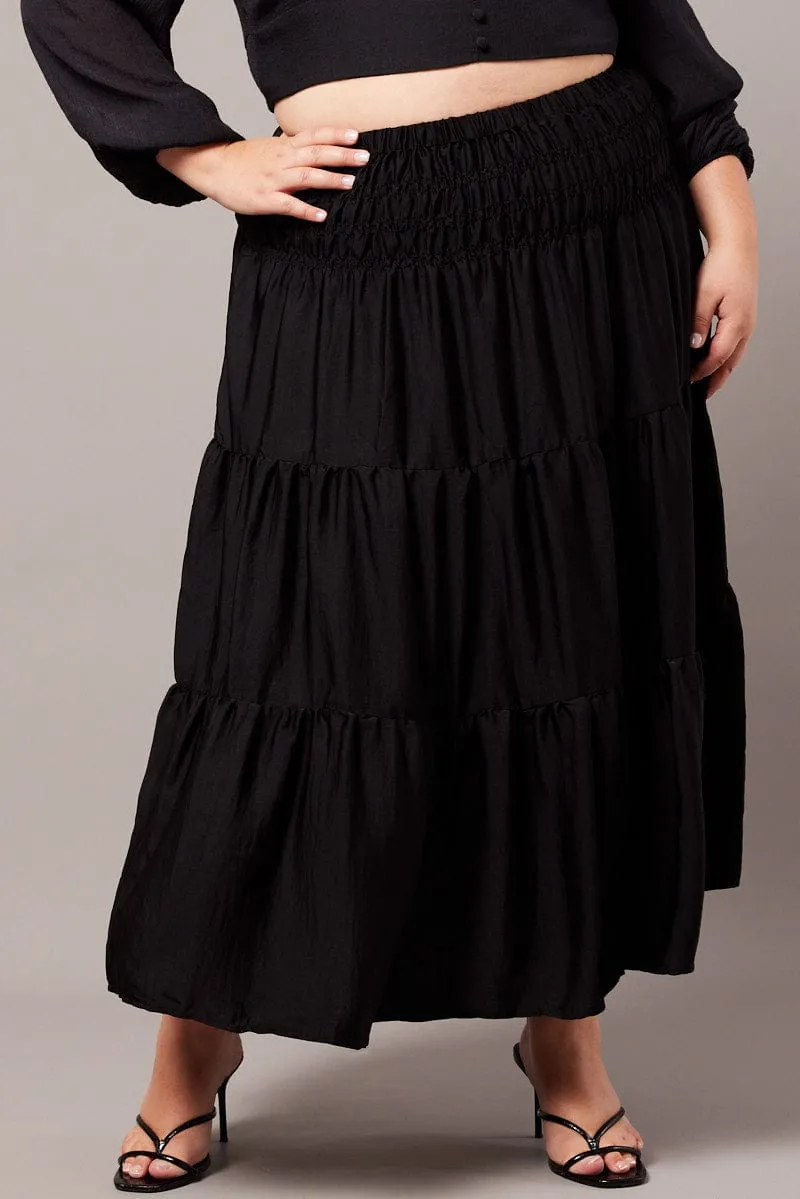 High Shine Black Shirred Waist Maxi Skirt