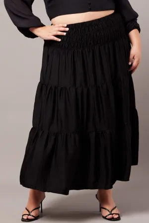High Shine Black Shirred Waist Maxi Skirt