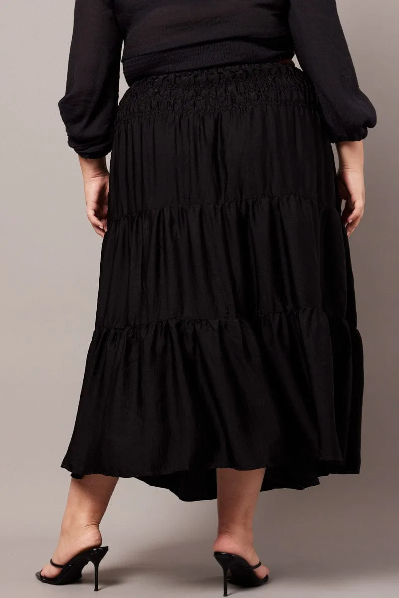 Black Shirred Waist Maxi Skirt Relaxed Motion