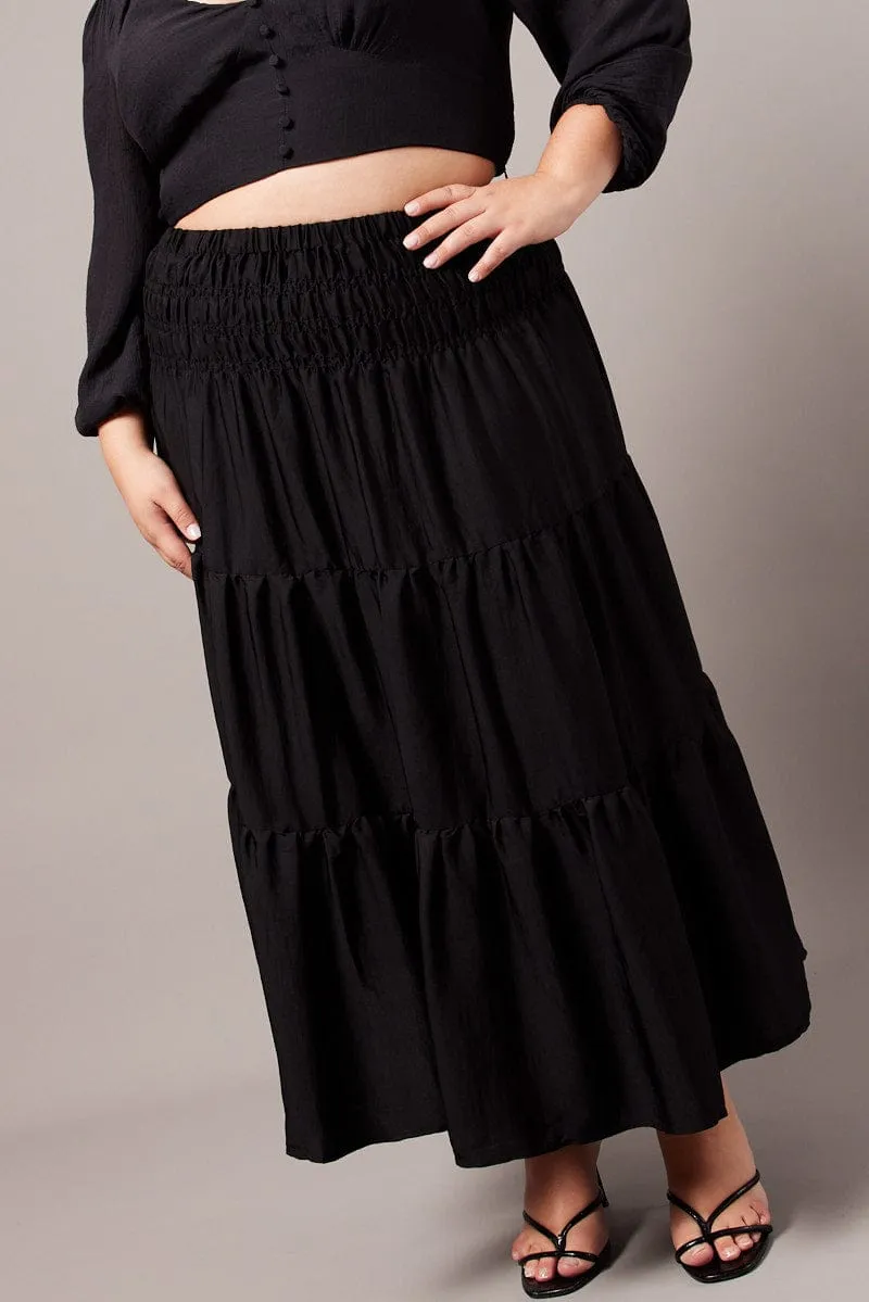 Black Shirred Waist Maxi Skirt Red Carpet Look Trendy Mood