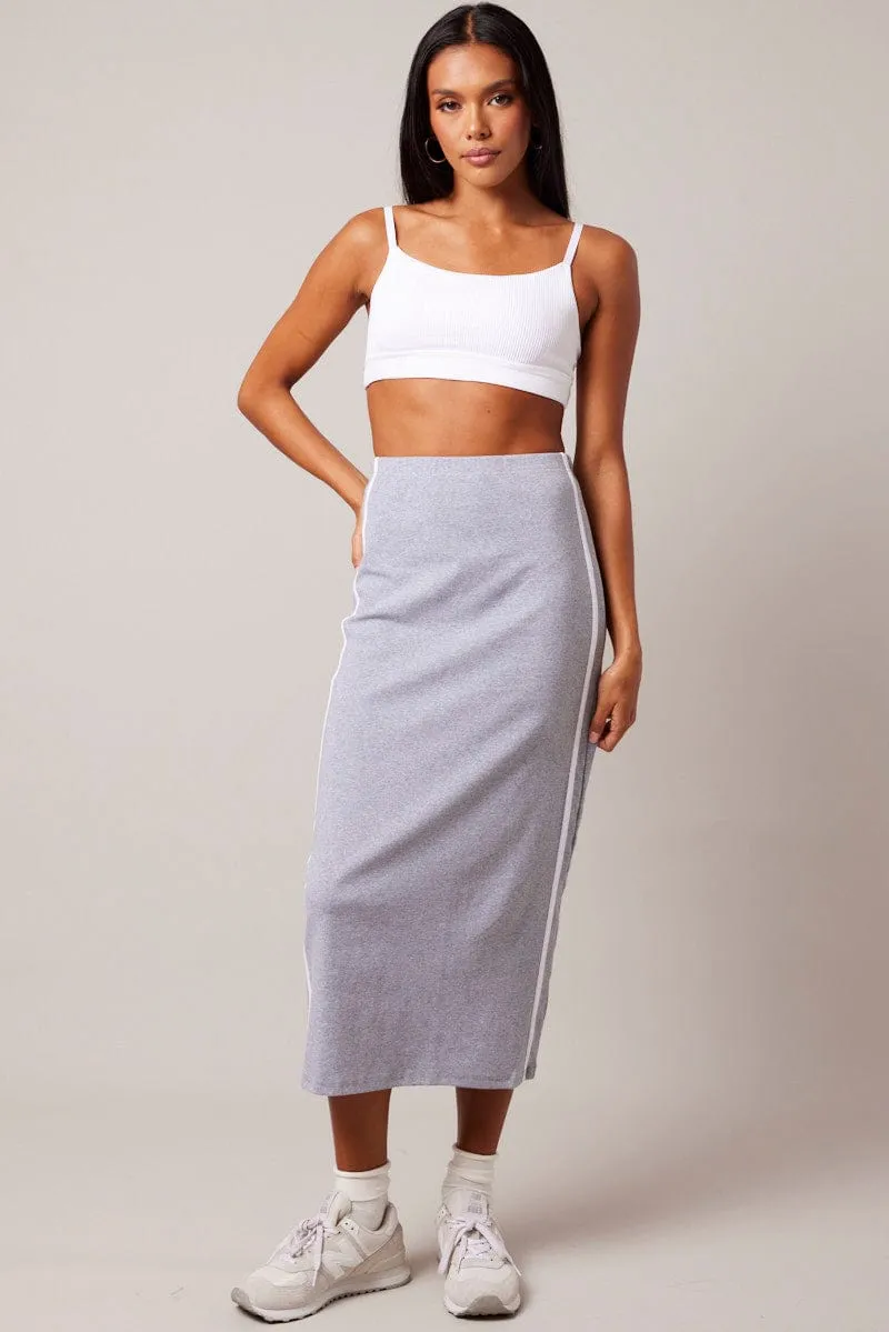 Bold Look Fresh Style Grey Midi Skirt Side Stripe