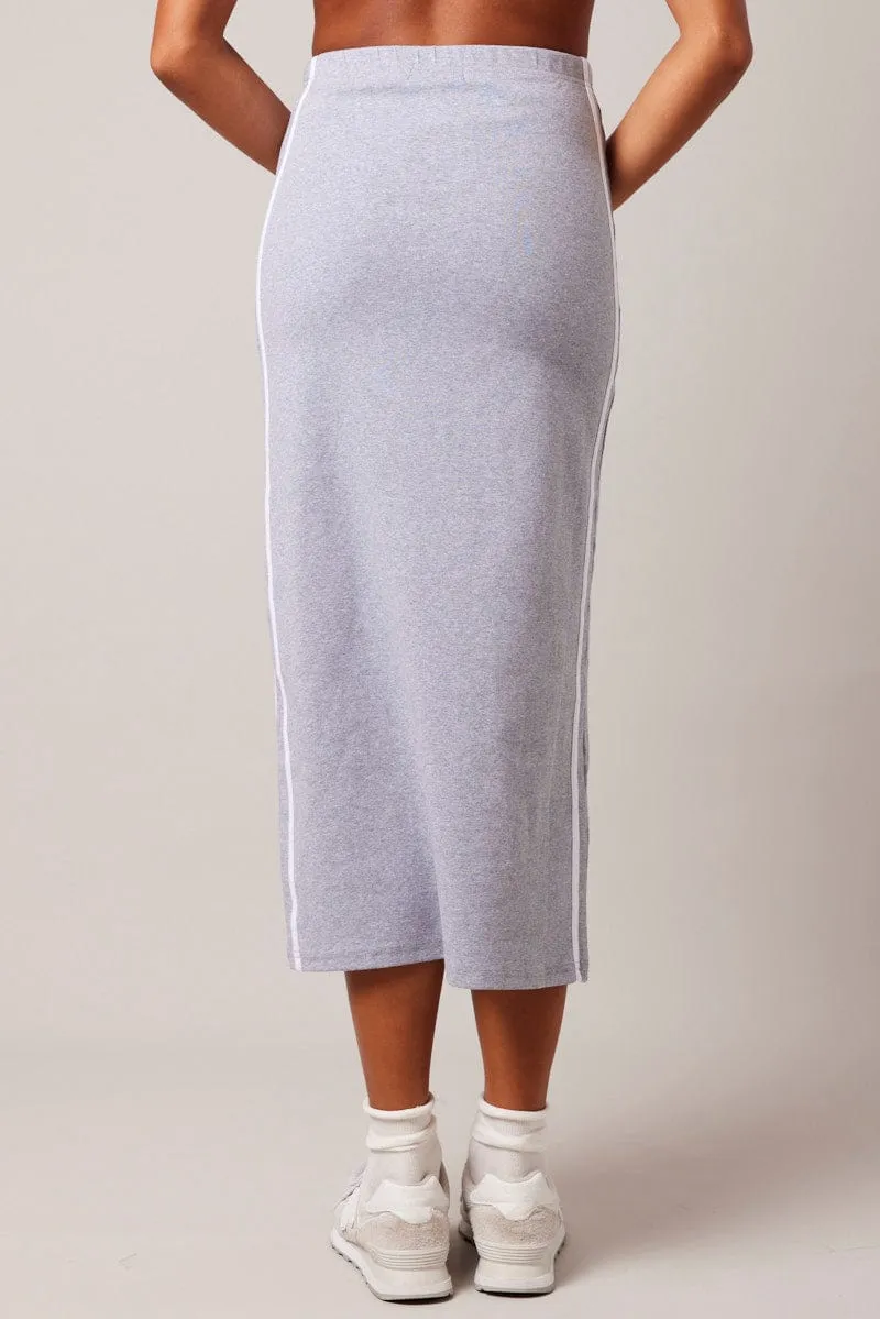 Grey Midi Skirt Side Stripe Statement Fashion Faux Leather