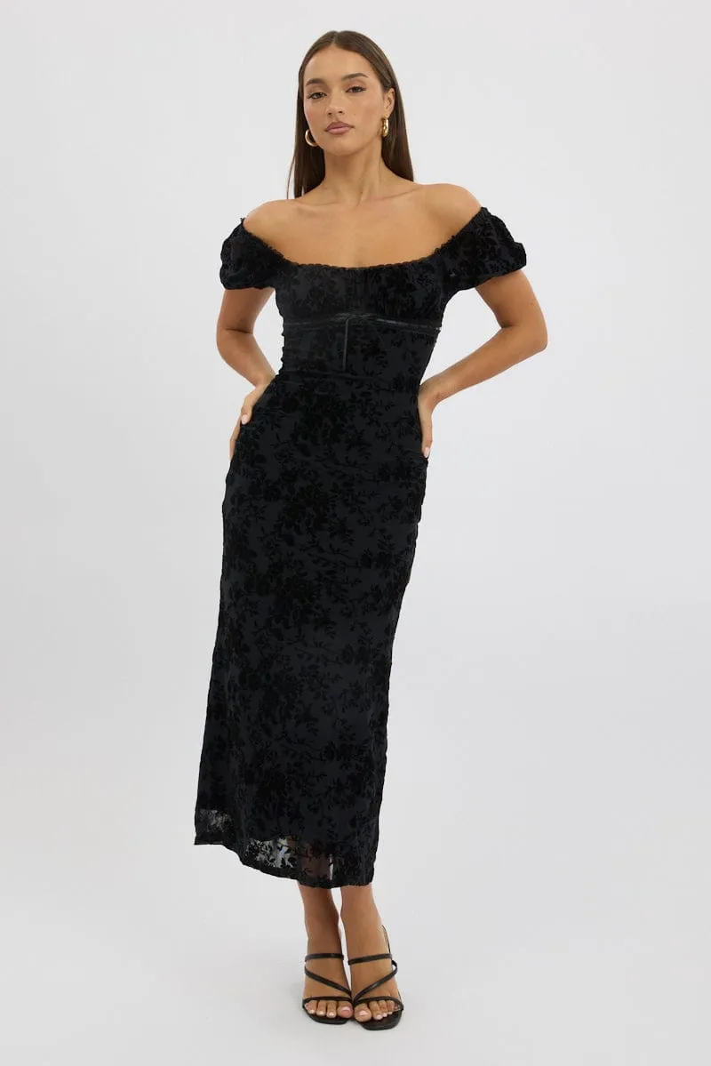 Black Maxi Dress Puff Sleeve Burn Out Iron Glow Orchard Walk