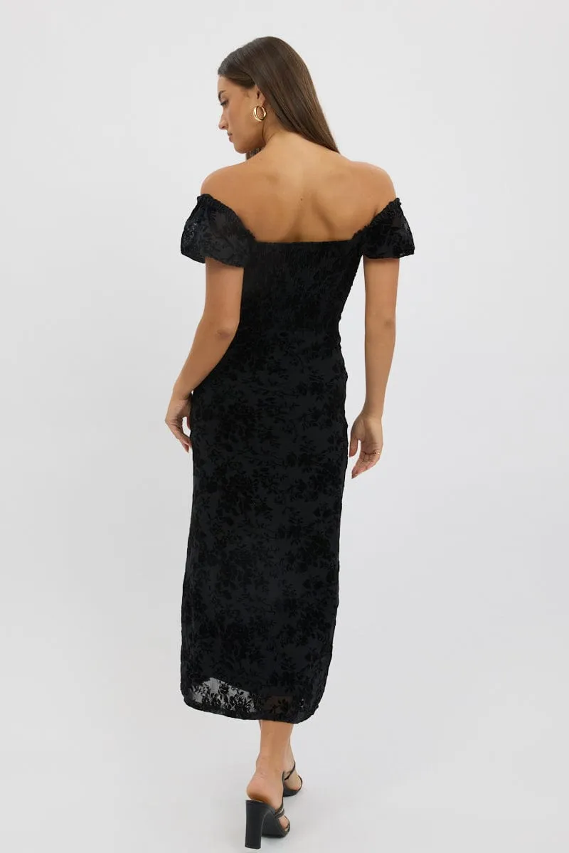 Black Maxi Dress Puff Sleeve Burn Out Earth Brown Sand Beige