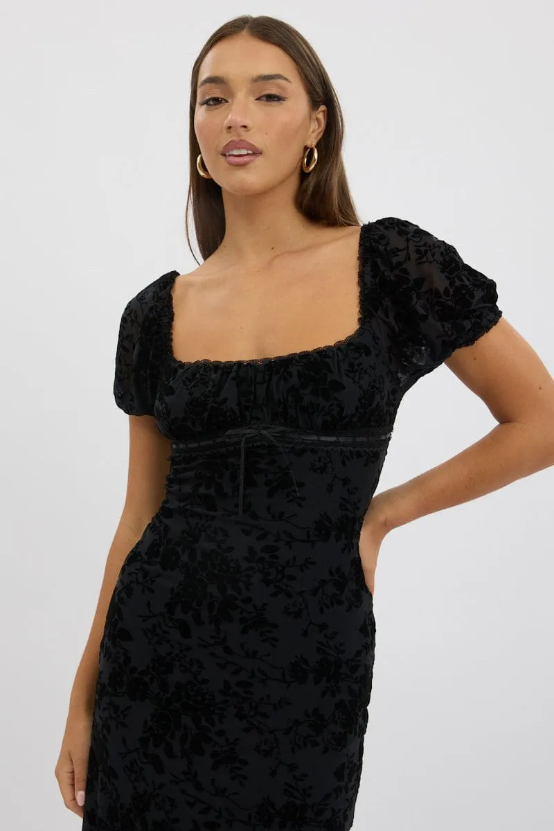 Black Maxi Dress Puff Sleeve Burn Out Beautiful event maxi Coral Bay