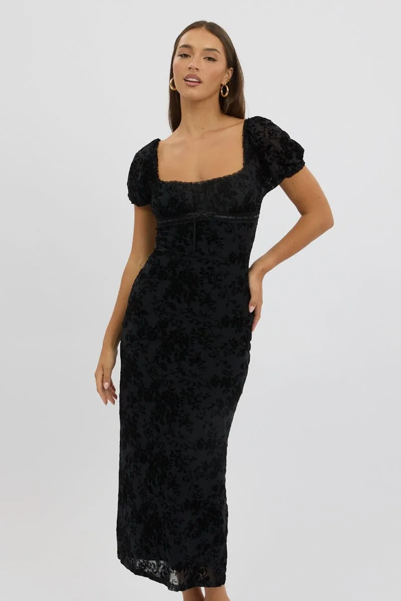 relaxed elegance Black Maxi Dress Puff Sleeve Burn Out