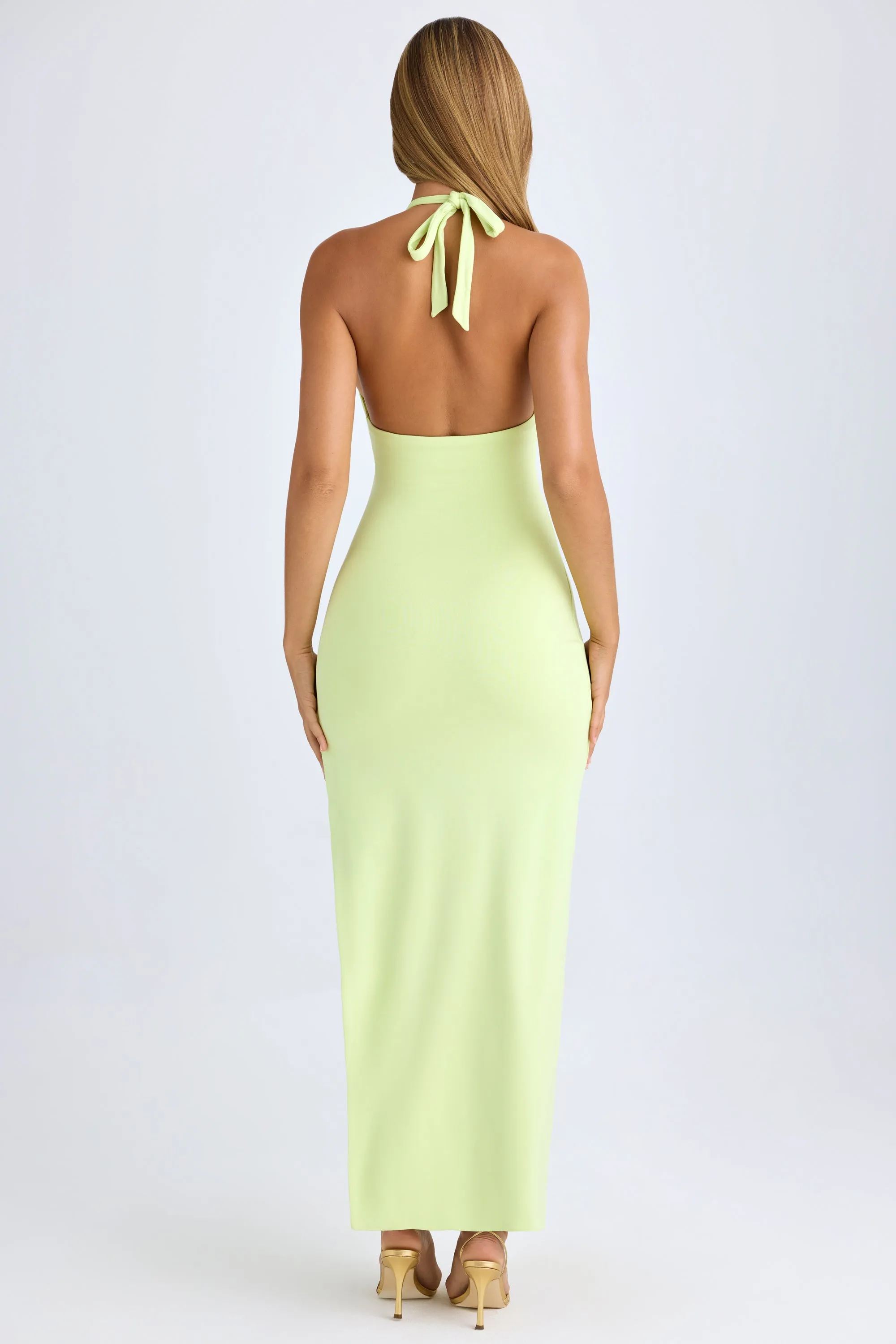 This dress provides the perfect blend of comfort and sophistication for any occasion Modal High-Split Halterneck Maxi Dress in Matcha Green
