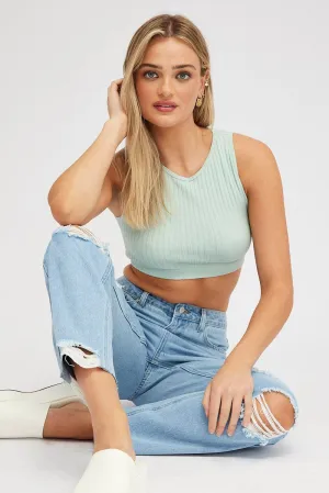 Flexible Hemline CoolingChannelFabric Green Tank Top Crew Neck Seamless