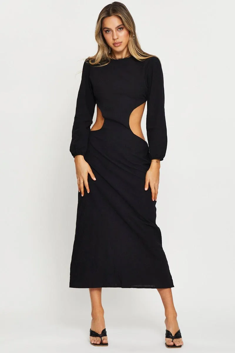 Black Maxi Dress Long Sleeve Wood Glow Elegant high-waist gown
