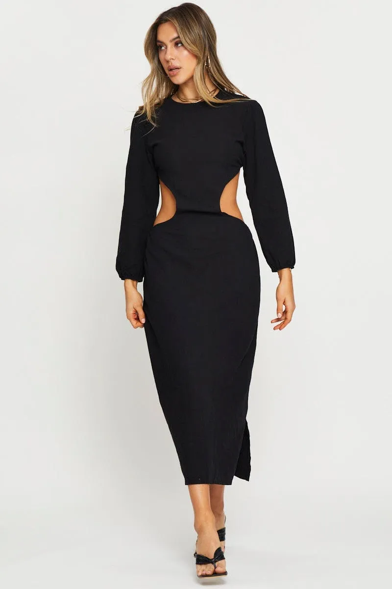 Georgette Glow One shoulder Black Maxi Dress Long Sleeve