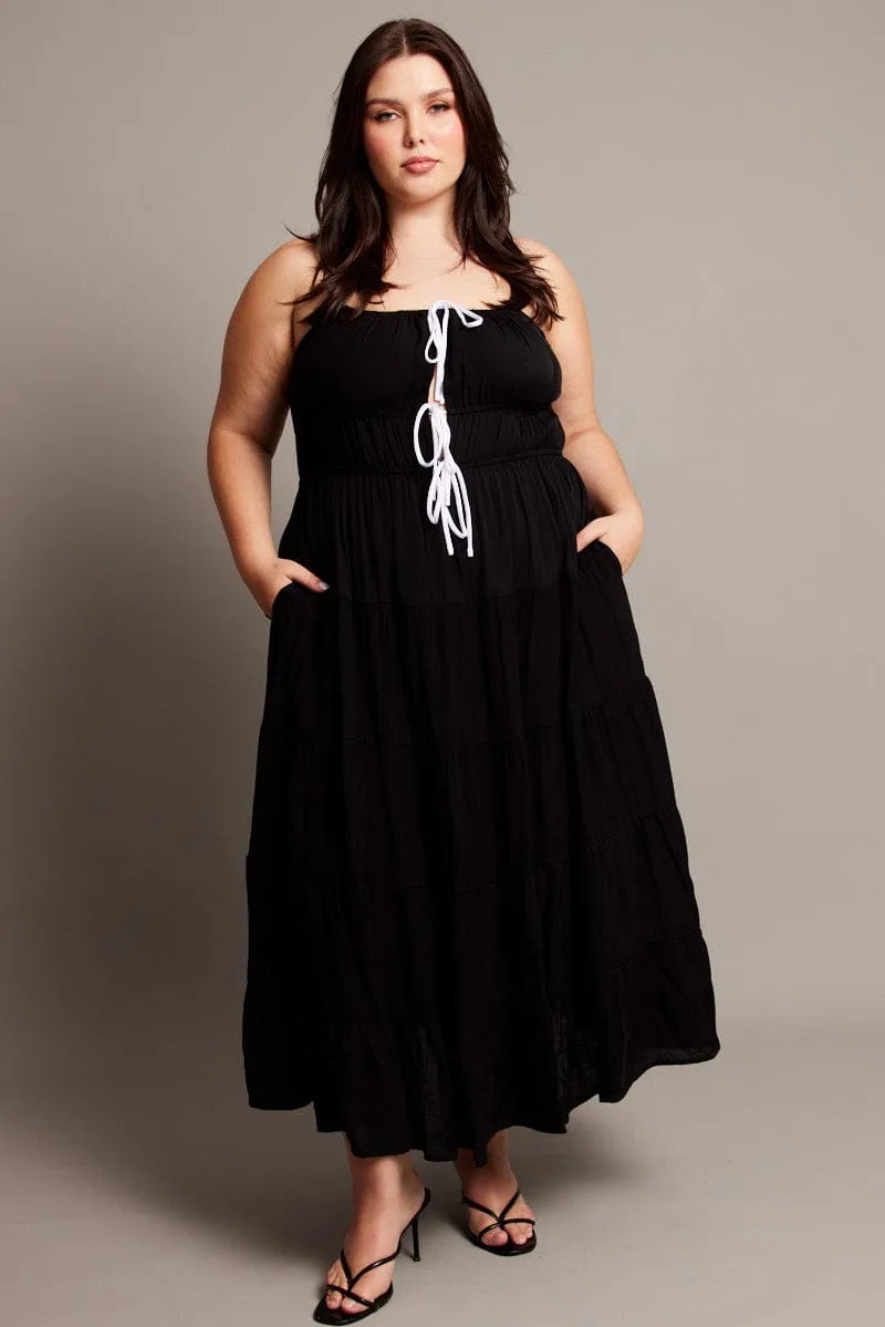 Black Midi Dress Sleeveless Contrast Ribbon High-waisted midi dress