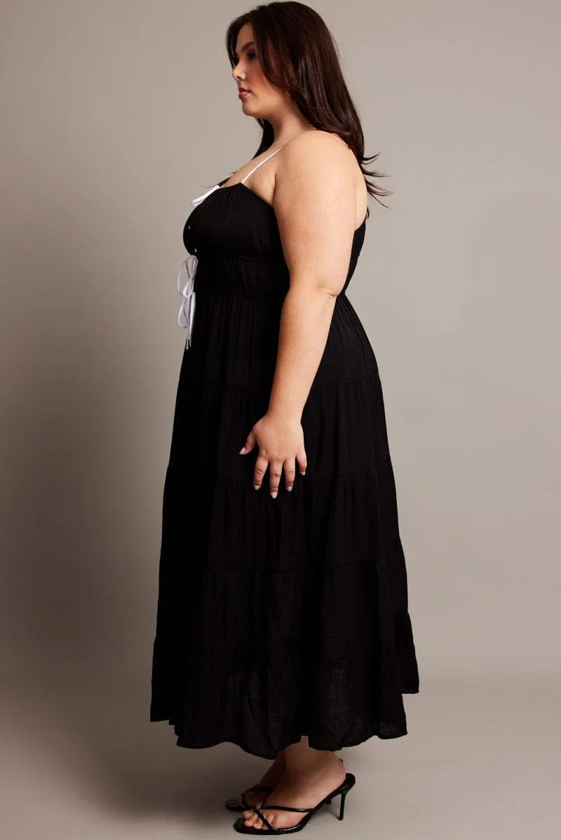 Brass Light Black Midi Dress Sleeveless Contrast Ribbon