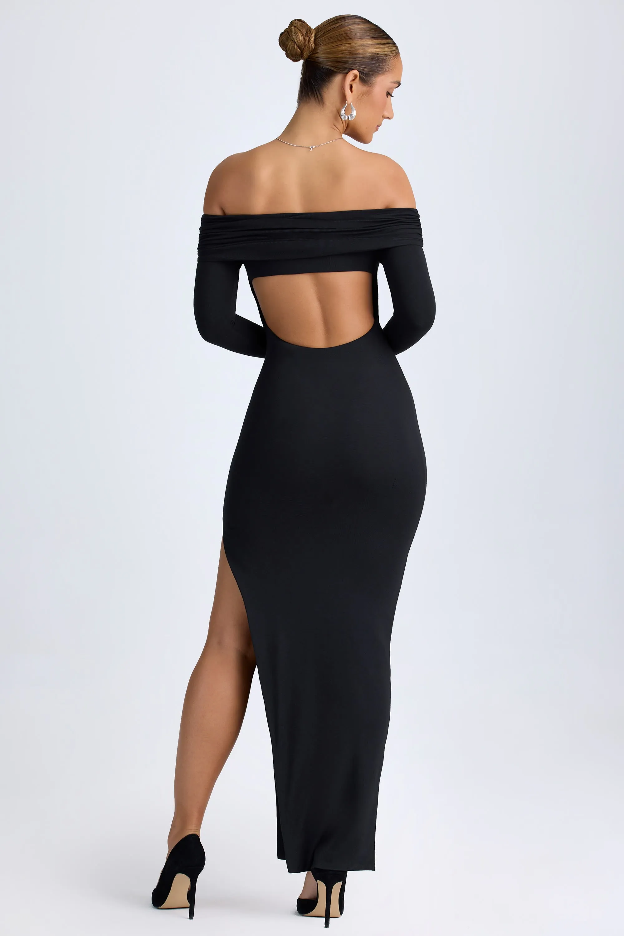 Cream Tone Modal Off-Shoulder Open-Back Maxi Dress in Black