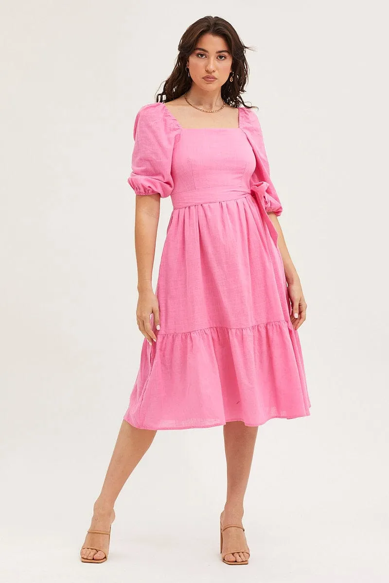 Pink Dress Puff Sleeve Maxi casual beachwear