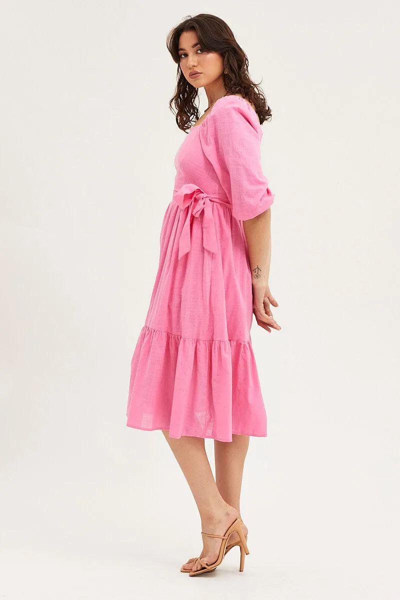 Pink Dress Puff Sleeve Maxi Love Mood Fringe Glow