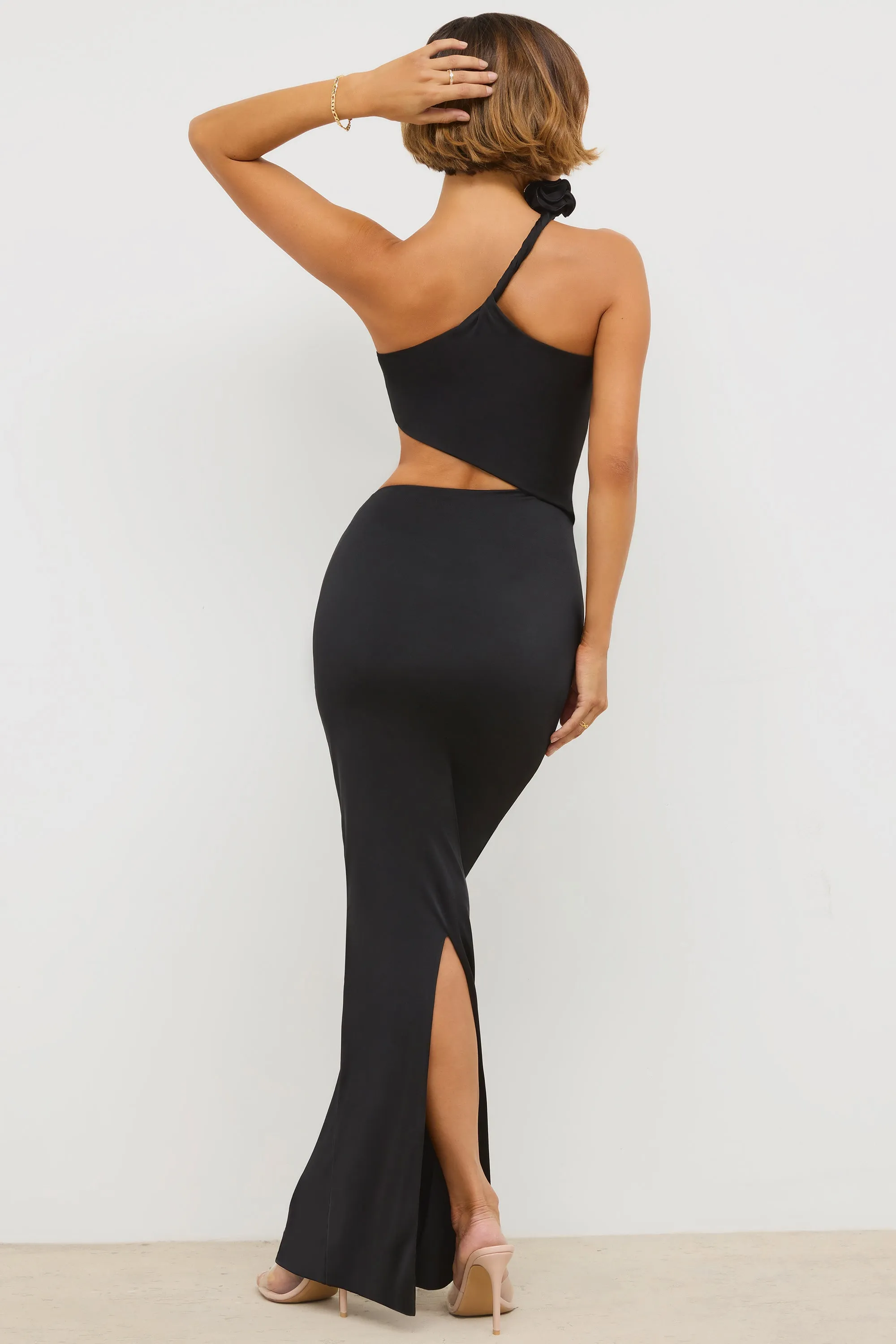 Premium Jersey Asymmetric Cut Out Maxi Dress in Black Orange Heat