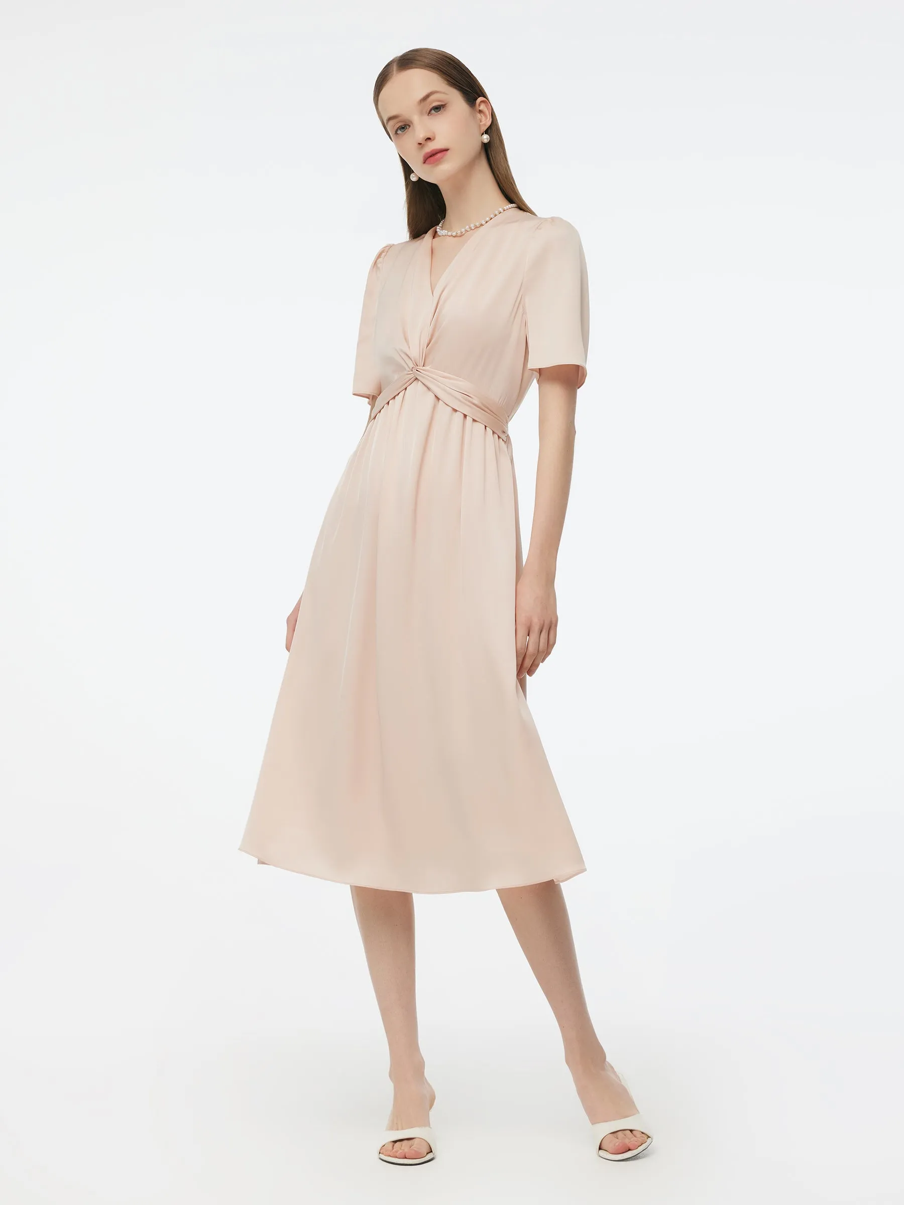 22MM Mulberry Silk Twist Front Women Midi Dress Smart Casual chic aesthetic