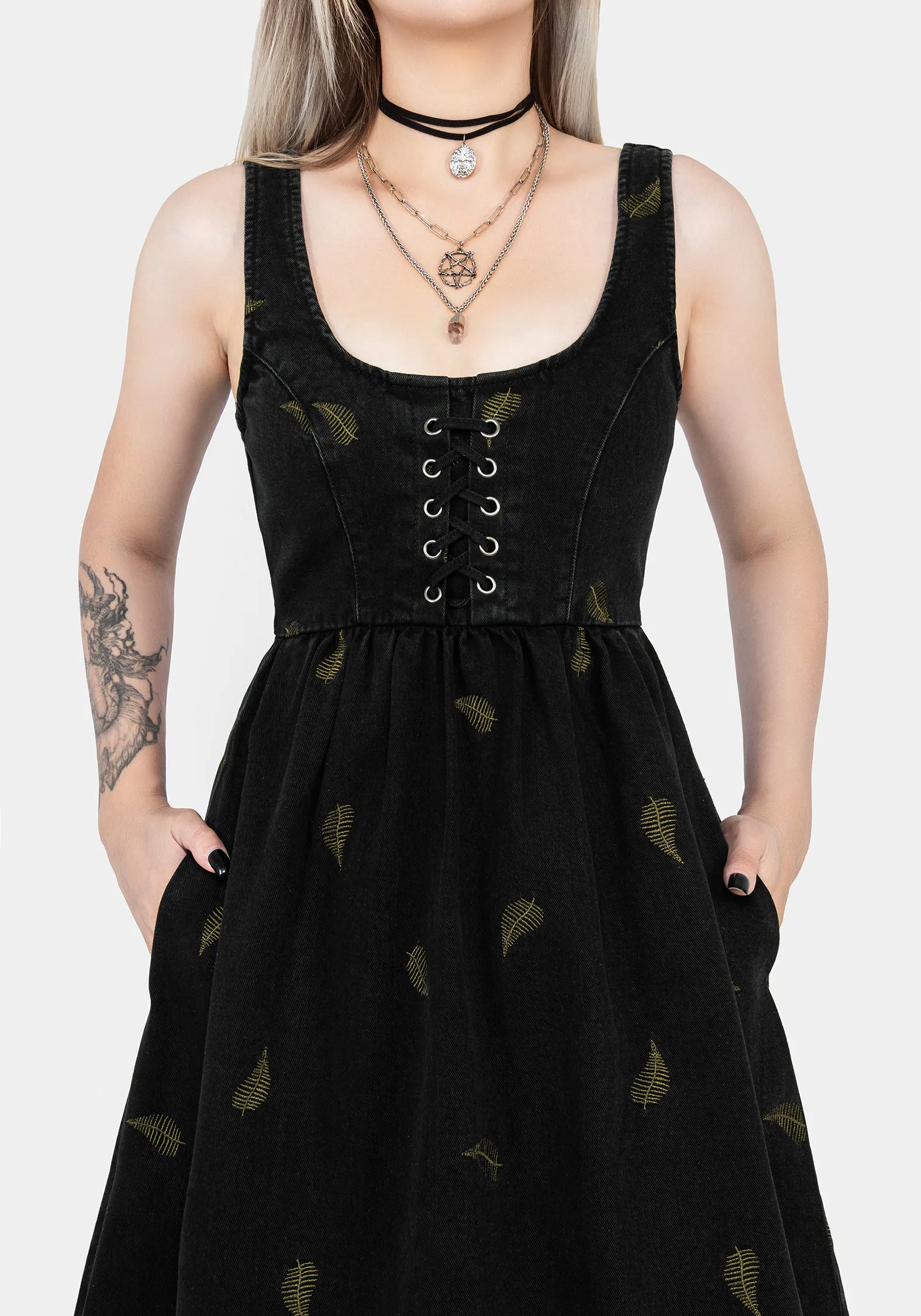Osmunda Fern Embroidered Lace Up Midi Pinafore Dress City Roof Field Glow