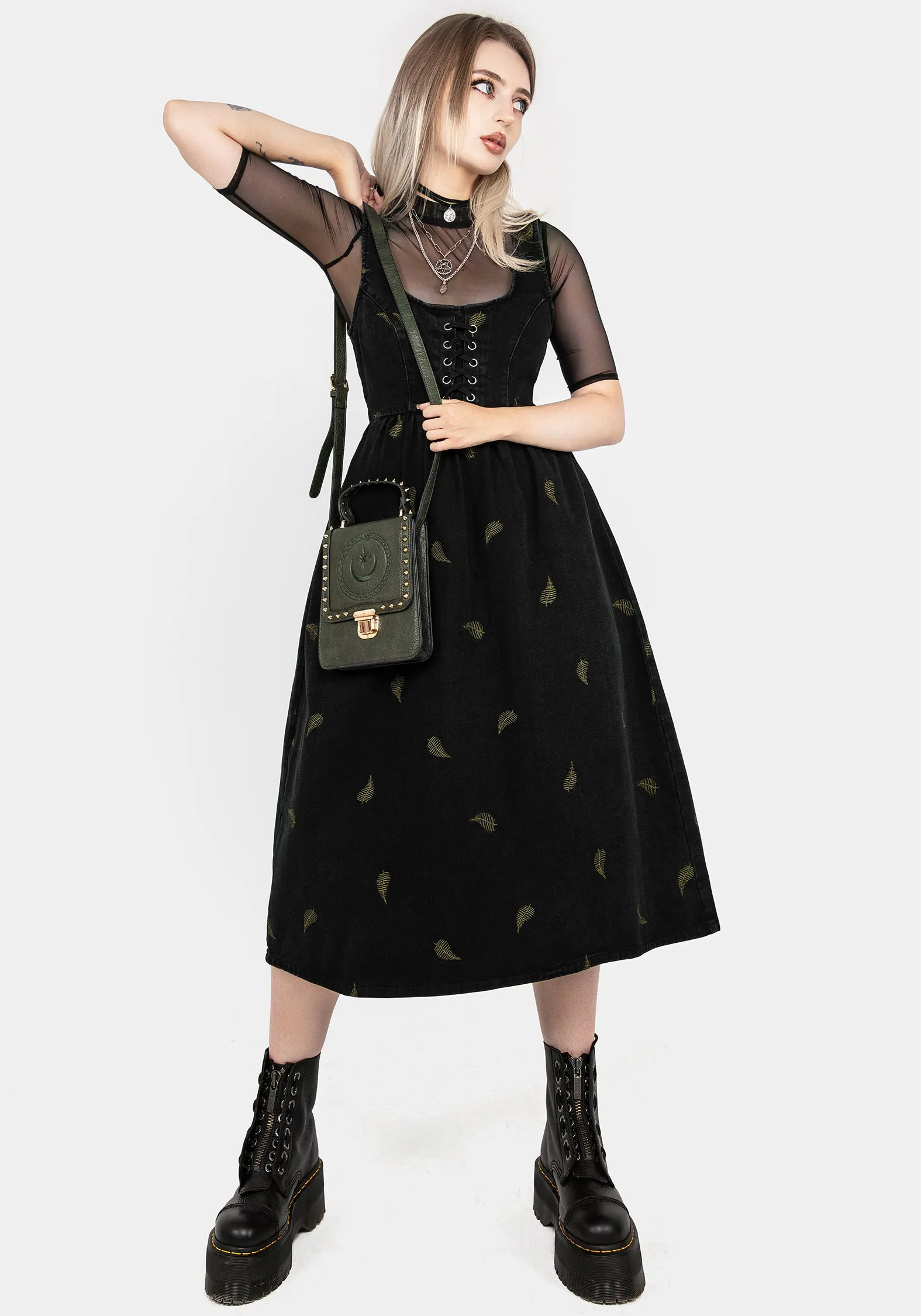 Wearable Art Breathable fabric Osmunda Fern Embroidered Lace Up Midi Pinafore Dress