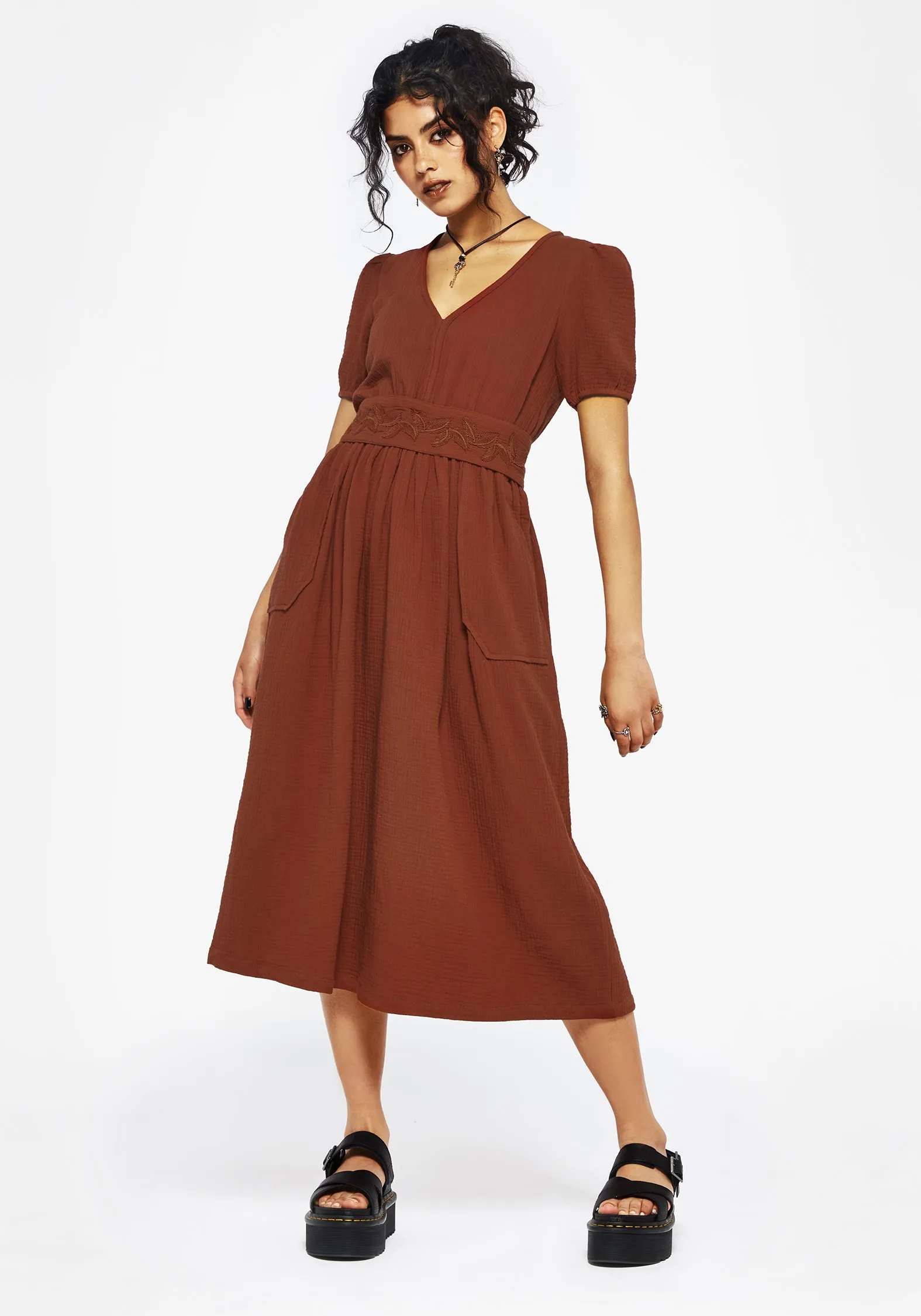 Bazaar Lane Tiana Cotton Applique Trim Midi Dress