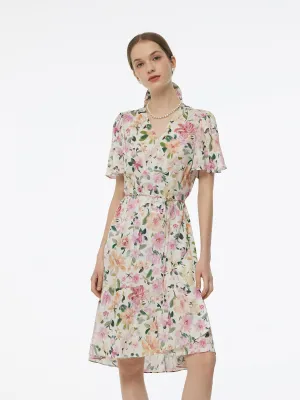 Wardrobe Staple 19MM Mulberry Silk Floral Print V-Neck Women Wrap Midi Dress