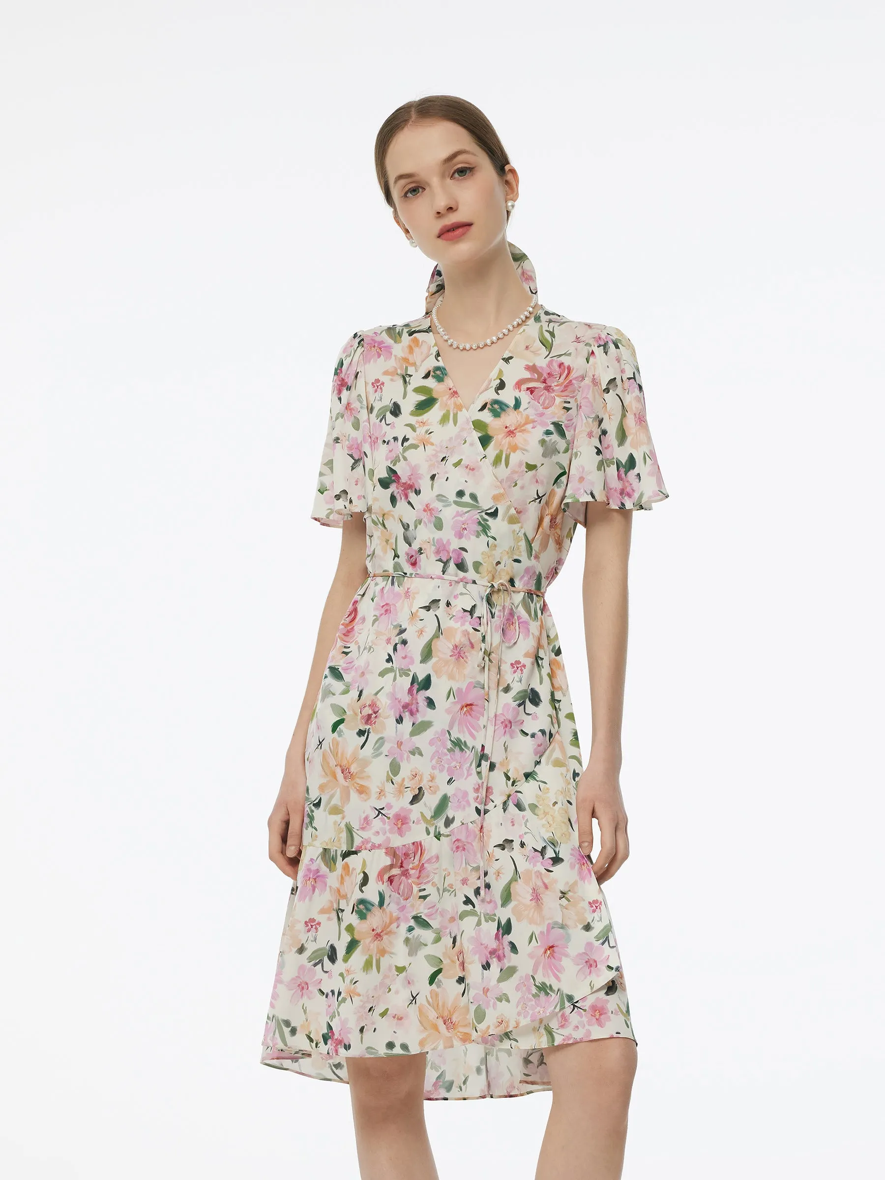 19MM Mulberry Silk Floral Print V-Neck Women Wrap Midi Dress Harbor Dock