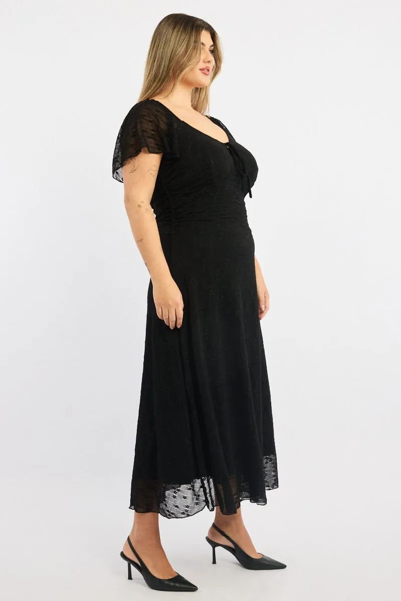 Black Midi Dress Short Sleeve Ruched Lace Beach Path