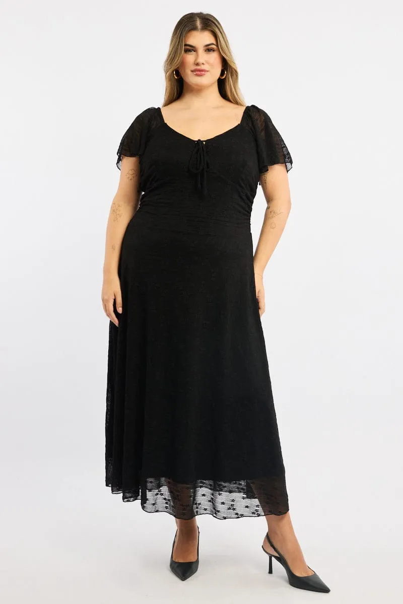 Park Bench Book Cafe Black Midi Dress Short Sleeve Ruched Lace
