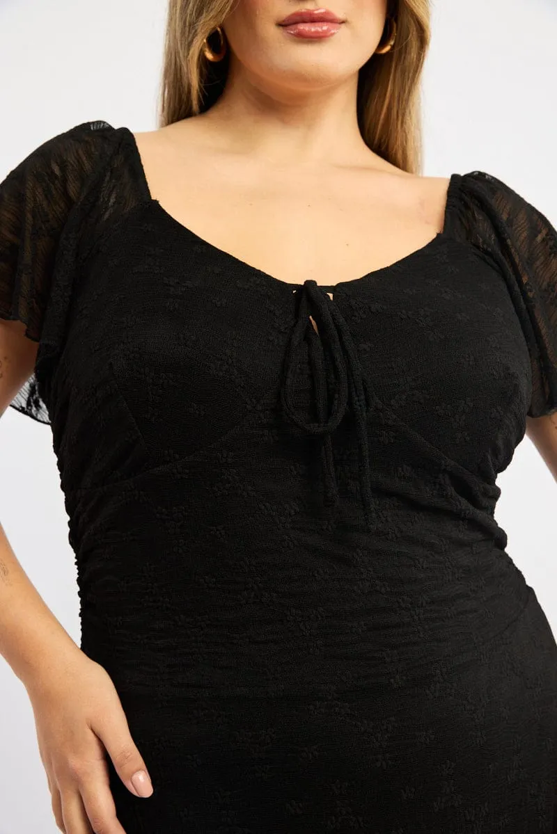 Black Midi Dress Short Sleeve Ruched Lace Timeless elegance Charming Wardrobe