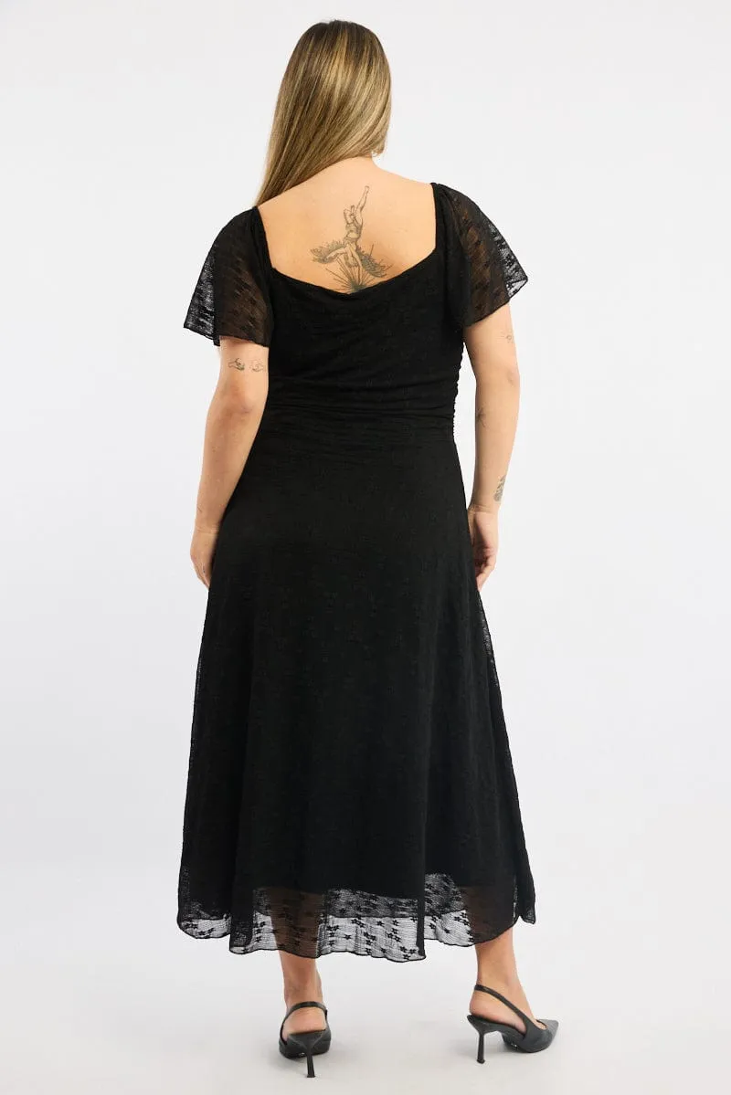 Tulle Light Seasonal Wear Black Midi Dress Short Sleeve Ruched Lace