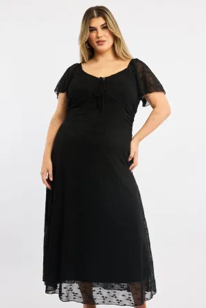 Timeless silhouette Black Midi Dress Short Sleeve Ruched Lace