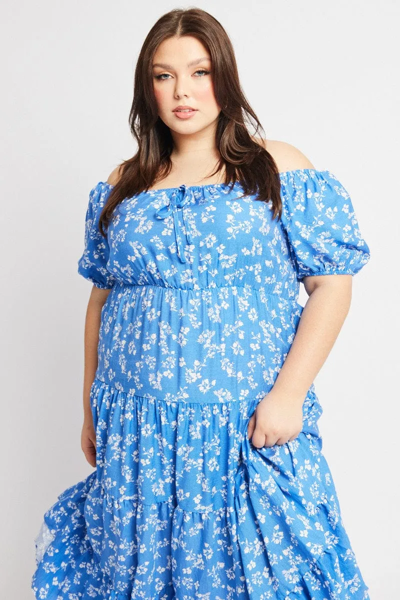 Blue Ditsy Midi Dress Short Sleeve Tiered Earth Smell Chic Outfit