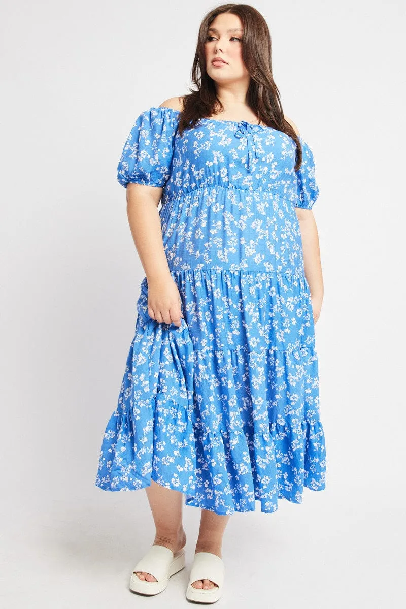 Pack Friendly Stage Grace Blue Ditsy Midi Dress Short Sleeve Tiered
