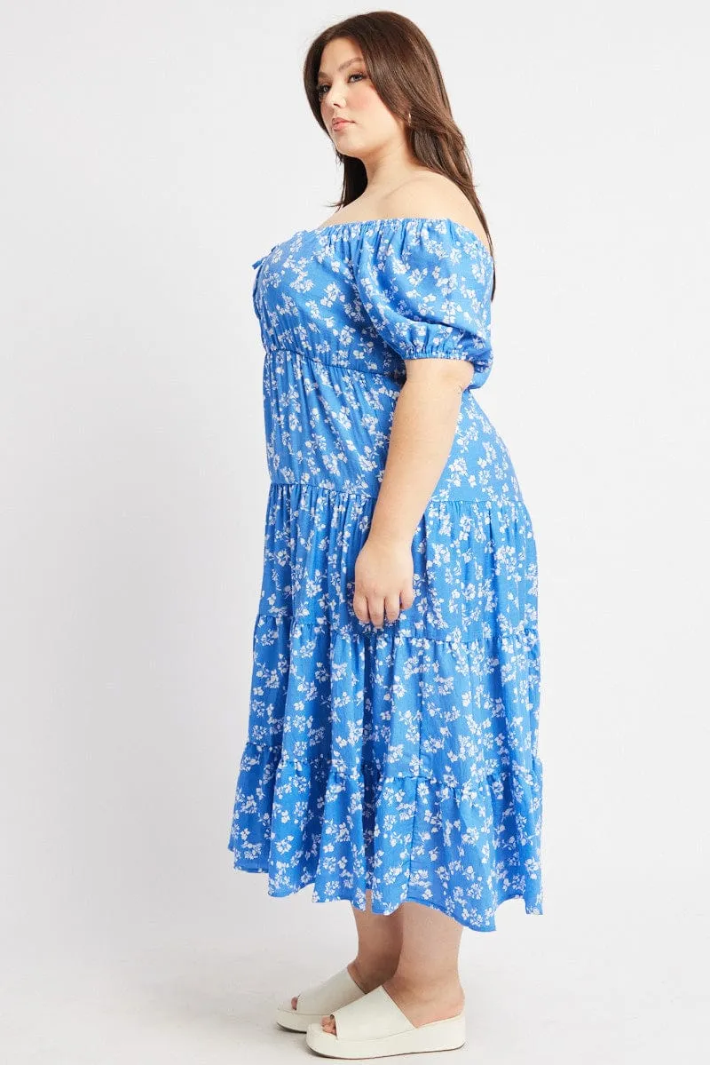 Comfortable daytime dress laid-back style Blue Ditsy Midi Dress Short Sleeve Tiered