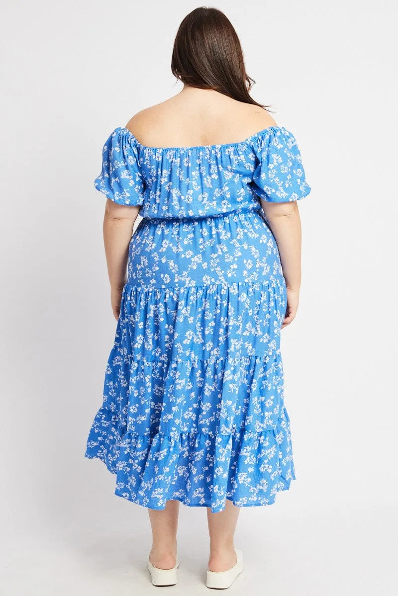 Freedom Wear Blue Ditsy Midi Dress Short Sleeve Tiered