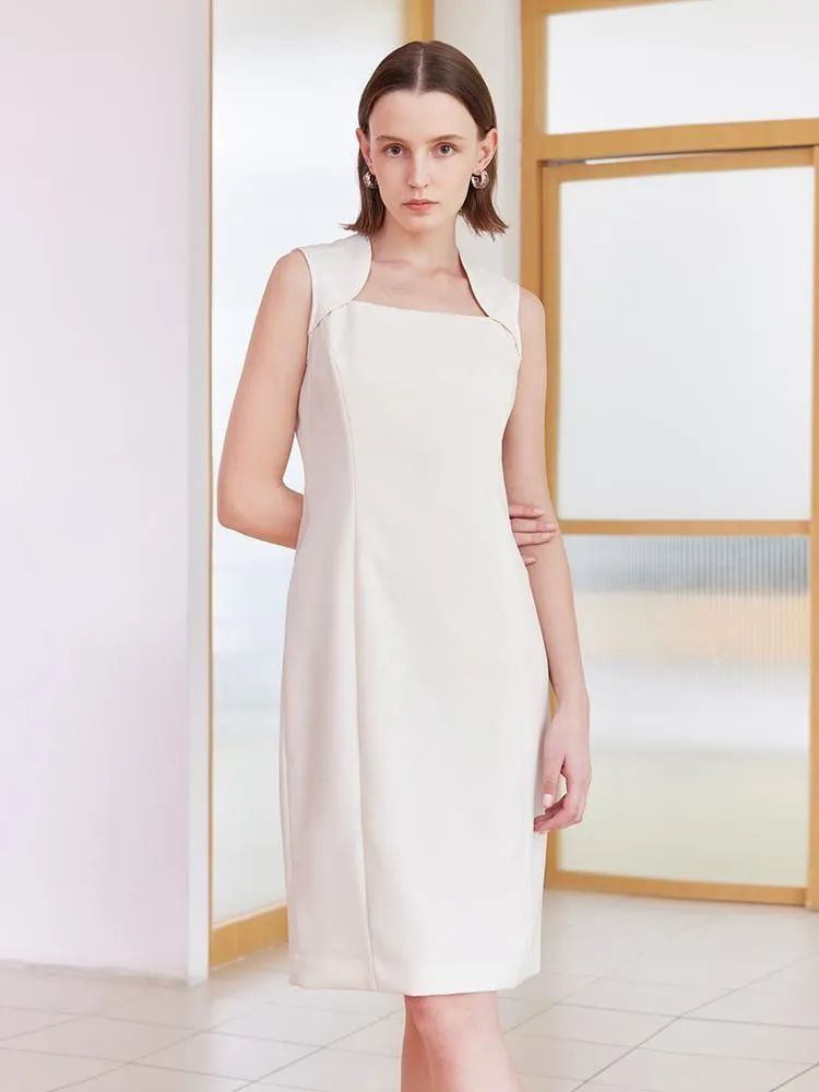 Chic Traveler White Slim Midi Tailored Wool Dress