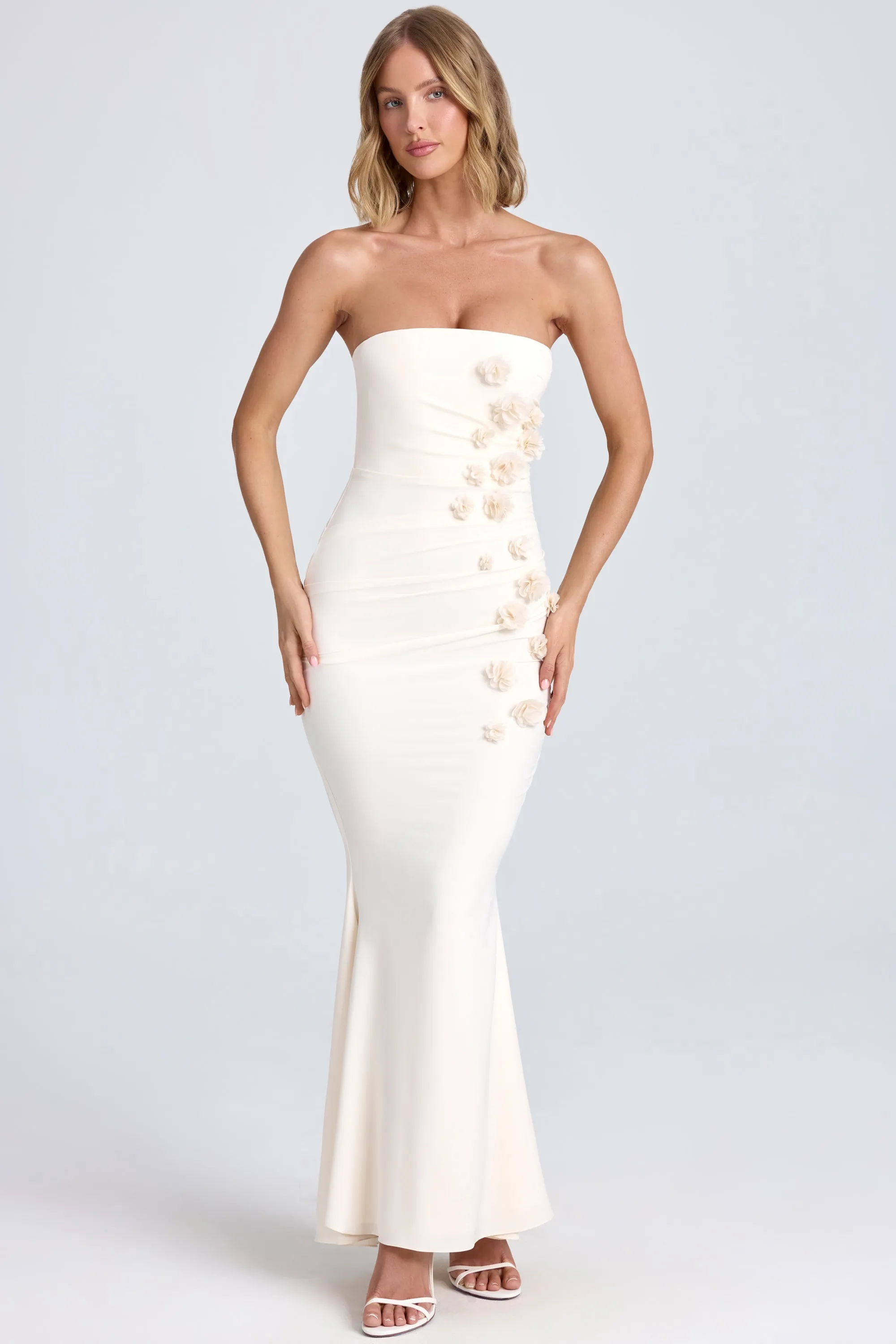 Muslin Glow Draped Floral-Appliqu?? Maxi Dress in Ivory